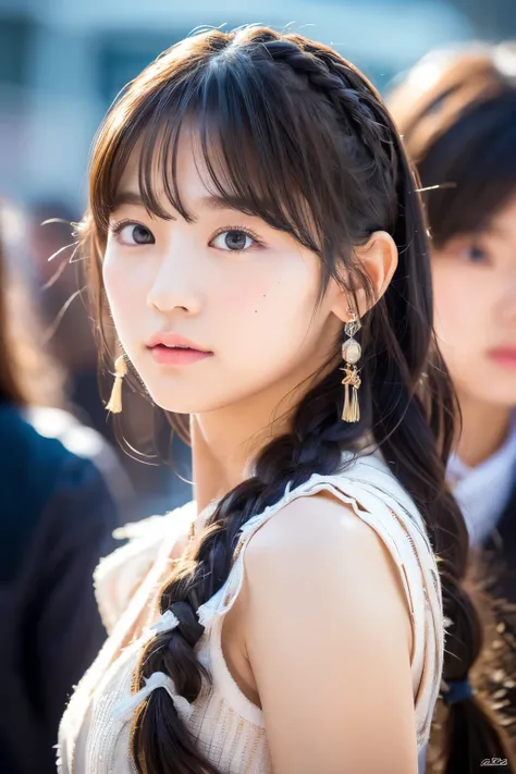 One female junior high school student, Famous Japanese Idols, Chic and very cute clothes, With bangs, Strong eyes, Beautiful Skin, Flaxen long hair, soft hair braided from the top of the head to the side, Hanging eyes, fair skin , baby face, Kampala , ...