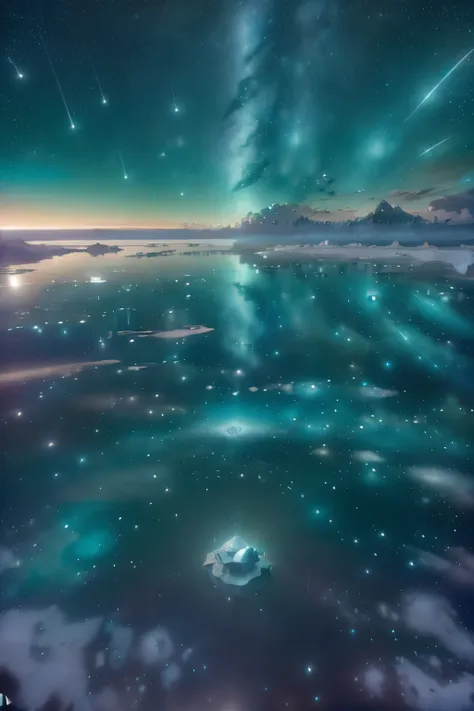 bioluminescent stars in the sky, touquois sky, soft cotton clouds, tourqouis ocean waves, shiny, purple water of frozen methane ...