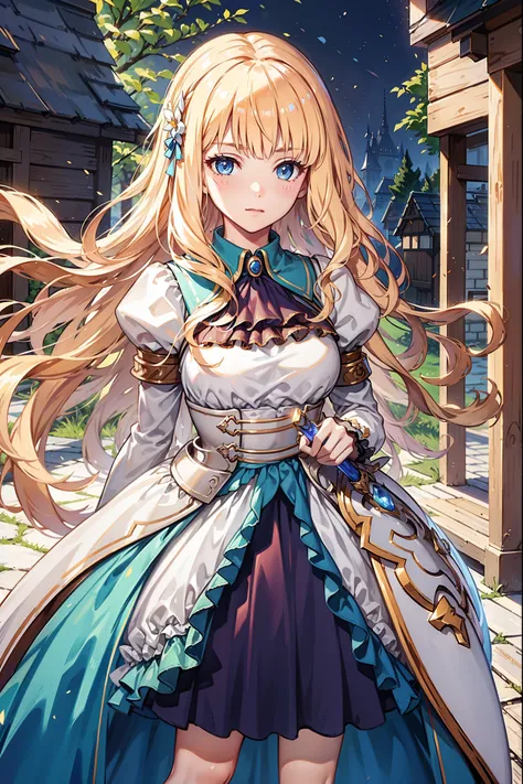 Become a，Fantasy Princess，obsessed， Big  ，in love，sacred，( and a white princess dress:1.3)，Blonde hair and blue eyes，Blue Eyes，Great Sword，Holy Sword，Super super details，Ruffles，Lots of Lace，(Stripes on clothes:1.2)，(Dress nicely:1.1)，(Layered Skirt),Trans...
