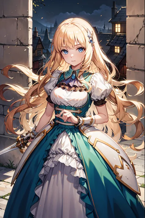 Become a，Fantasy Princess，obsessed， Big  ，in love，sacred，( and a white princess dress:1.3)，Blonde hair and blue eyes，Blue Eyes，Great Sword，Holy Sword，Super super details，Ruffles，Lots of Lace，(Stripes on clothes:1.2)，(Dress nicely:1.1)，(Layered Skirt),Trans...