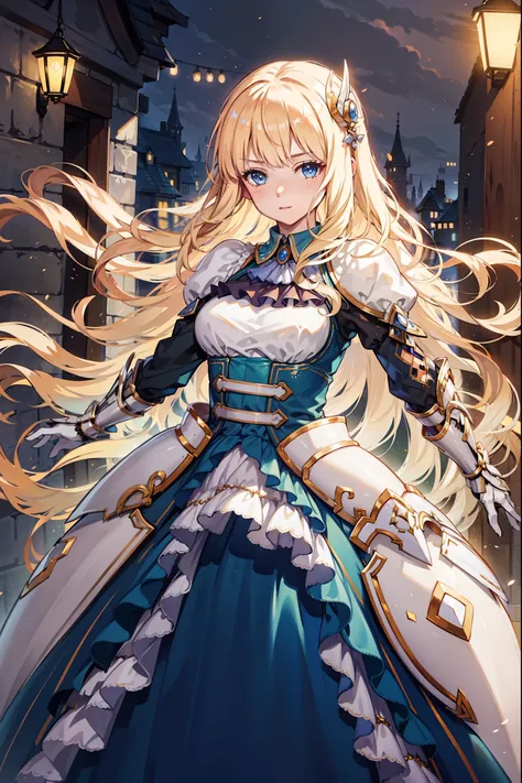 Become a，Fantasy Princess，obsessed， Big  ，in love，sacred，( and a white princess dress:1.3)，Blonde hair and blue eyes，Blue Eyes，Great Sword，Holy Sword，Super super details，Ruffles，Lots of Lace，(Stripes on clothes:1.2)，(Dress nicely:1.1)，(Layered Skirt),Trans...