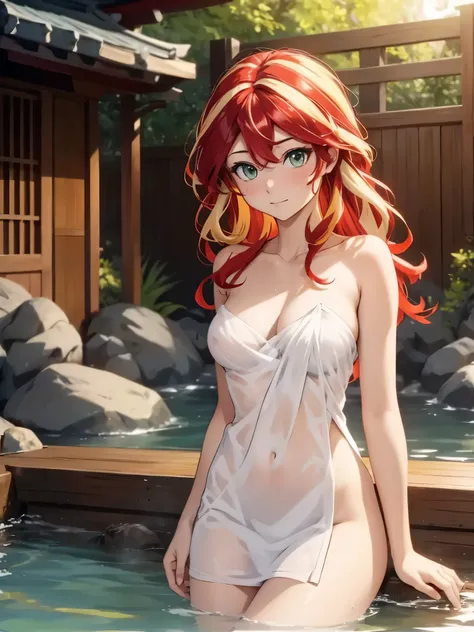 Sunsethuman, Female, two-tone hair, red and yellow hair, wavy hair, naked towel, onsen