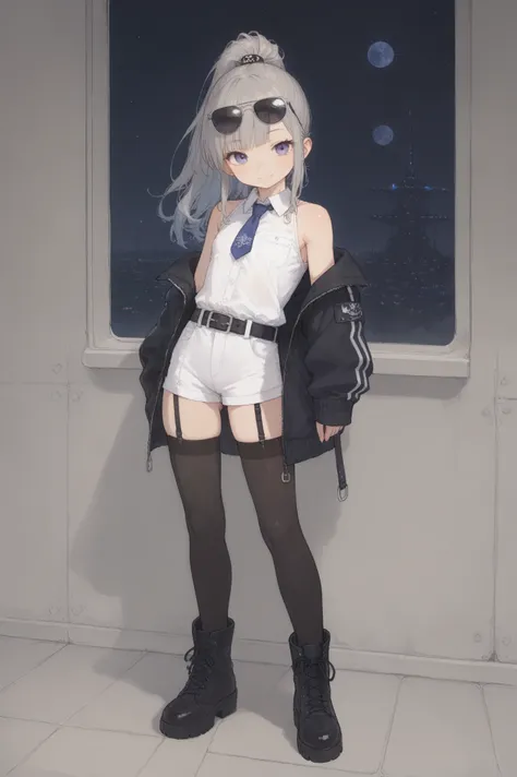 (solo),1girl\(big smile, attractive smile,(muscular:0.7),sexy, Adult, cute,(Chibi:0.5), full body, big Eyes\(purple\), long hair, (gray hair:1.4), [(gradient hair from blue to white :1.4):0.6], (1ponytail:1.3),[twintails:2.0], muscular ,Leather Belt, ((white:1.2) sleevless Shirts:1.3), (shirt:1.3) collar, wearing a tie,(garter thigh high socks:1.3), (short) Military boots, (sunglasses\((iridescent colors:1.2),transparent \) on head:1.5),(open stomach), black (sporty micro briefs),Military Jacket\(long-sleeve, (off Shoulder),\), (abs:0.8), Gloss Skin,Skin color light-brown\), background\(inside space-colony, spaceship ,space\),score_9, score_8_up, score_7_up, score_6_up, score_5_up, score_4_up, source_anime,source_furry,rating_safe,rating_questionable,masterpiece, best quality, perfect anatomy , very aesthetic , absurdres ,