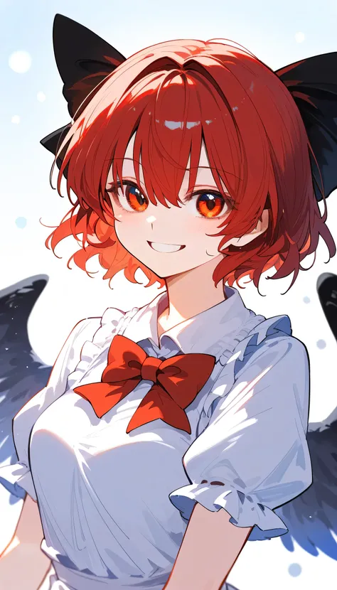 nai3, close up, masterpiece, best quality, bokeh, cute, Score_9,Score_8_up,Score_7_up,highest quality,detailed, best quality, masterpiece, highres, solo, {houjuu_nue_touhou:1.15}, black_hair, wings, asymmetrical_wings, red_eyes, short_hair, bow, smile, 1gi...