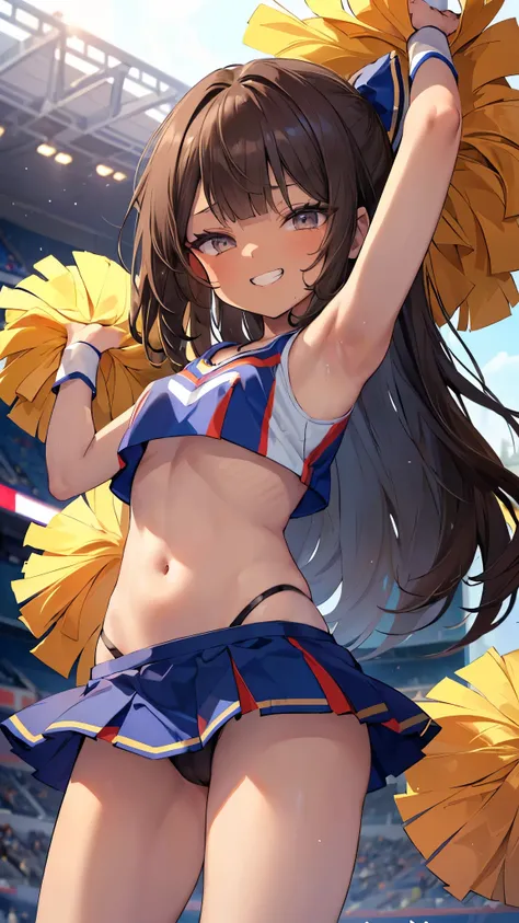 ((masterpiece、Best Quality、 very detailed ))、One Girl、((Brown skin:1.3))、Black Hair、 long hair、blunt bangs、Grey Eyes、evil smile、(( clench teeth))、Small breasts、((cheerleader))、belly button、((micro weat))、 cowboy shot 、 puts his hands on his hips 、Stadium B...