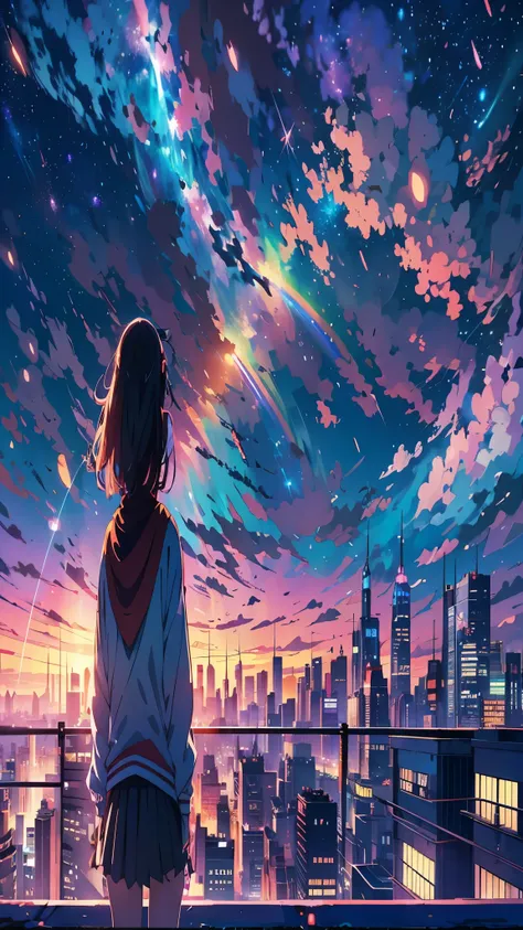 anime girl standing on rooftop looking at night sky with stars and rainbow, rainbow starry night, anime wallpaper 4k, anime wall...