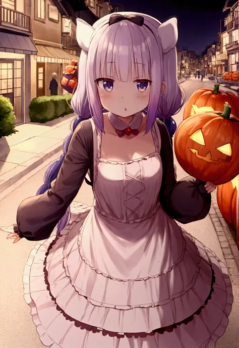 kanna, halloween bunny costume, walking in the streets decorated with pumpkins at night