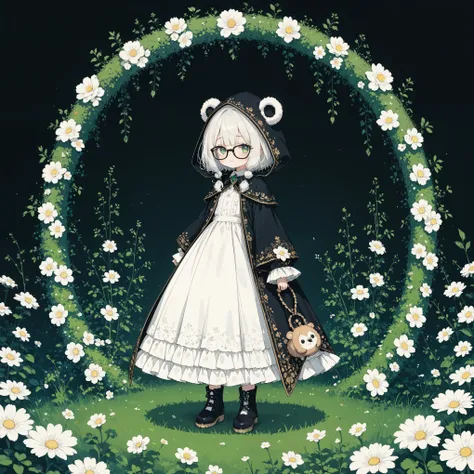 1girl\(cute,chibi, white skin, pale skin,(wearing ((simple)) black hood:1.4),(black robe\(hood,white embroidery flower pattern, at edge\):1.3), ((white frilly dress)), (wearing black glasses:1.4), (((green eyes))), black boots, white hair, bangs, short bob hair, (holding teddybear\(brown,fluffy\):1.3),cute pose\).background\(gothic, Various beautiful flowers are arranged geometrically\).score_9, score_8_up, score_7_up, score_6_up, score_5_up, score_4_up, source_anime,source_furry,rating_safe,rating_questionable,masterpiece, best quality, perfect anatomy , very aesthetic , absurdres,limited pallet