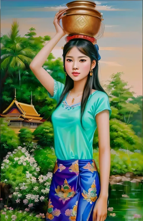 painting of a woman carrying a pot on her head, anime thai girl, realistic cute girl painting, chinese girl, traditional art, painting of beautiful, beautiful character painting, chinese woman, realistic painting, oil painting of realistic woman, photoreal...