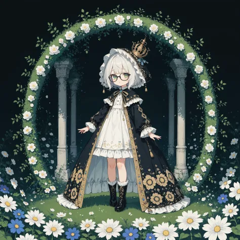 1girl\(cute,chibi, white skin, pale skin,(wearing ((simple)) black hood:1.4),(black robe\(hood,white embroidery flower pattern, at edge\):1.3), ((white frilly dress)), (wearing black glasses:1.4), (((green eyes))), black boots, white hair, bangs, short bob hair, holding teddybear\(brown,fluffy\),dynamic pose\).background\(simple,Various beautiful flowers are arranged geometrically\).score_9, score_8_up, score_7_up, score_6_up, score_5_up, score_4_up, source_anime,source_furry,rating_safe,rating_questionable,masterpiece, best quality, perfect anatomy , very aesthetic , absurdres,limited pallet