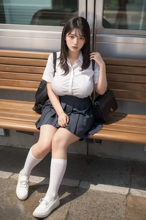 heavy rain, soaked, bon hair, looking at viewer, smile, bangs, (Two girls in:1.2), skirt, brown hair, shirt, black hair, short sleeves, brown eyes,  bob hair, Wet white browce, pleated skirt, open legs, shoes, socks, striped, hand up, bag, kneehighs, brown...