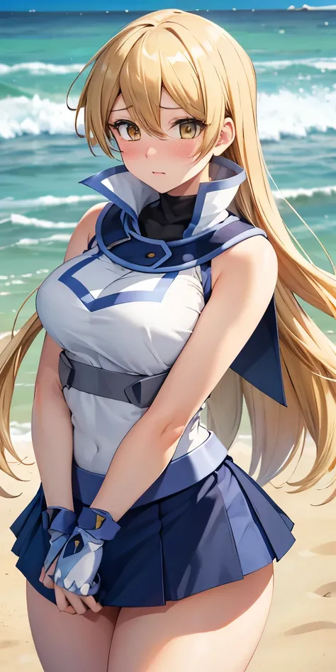 1 Female,High definition,high resolution,Ultra-realistic,8K, ta1,blonde hair,long hair,yellow eyes, white jacket, sleeveless, blue skirt,tight skirt , miniskirt,fingerless gloves, hair covering one eye, strapless swimwear, flower, standing at beach, small ...