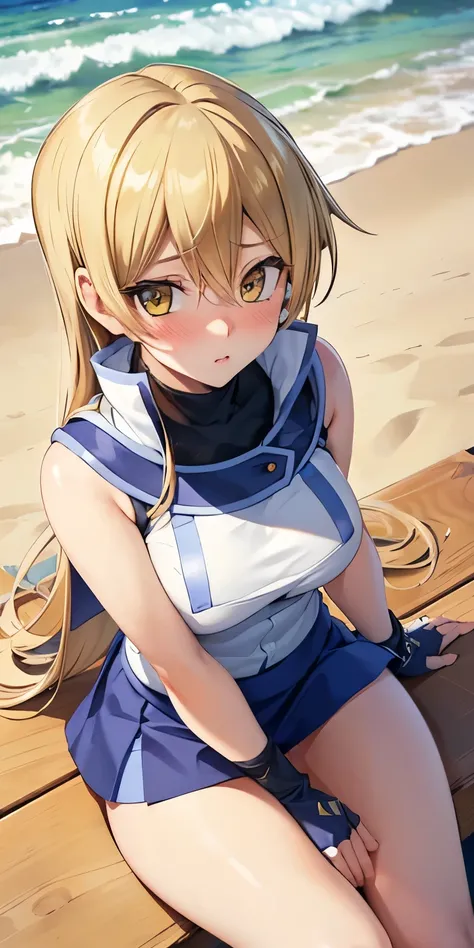 1 Female,High definition,high resolution,Ultra-realistic,8K, ta1,blonde hair,long hair,yellow eyes, white jacket, sleeveless, blue skirt,tight skirt , miniskirt,fingerless gloves, hair covering one eye, strapless swimwear, flower, sitting at beach, small b...