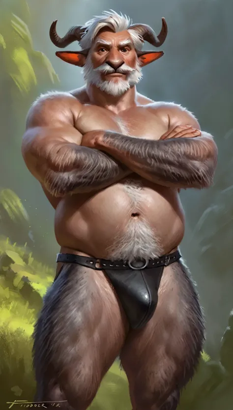 solo, mature male, old man, satyr, faun, goat legs, grey fur, goat ears, greek nose, human face, white eyebrows, white hair, bushy mustache, pubic hair, happy trail, makeshift leather underwear, arms crossed, wide stance, messy bun, hairy, thick thighs, sl...