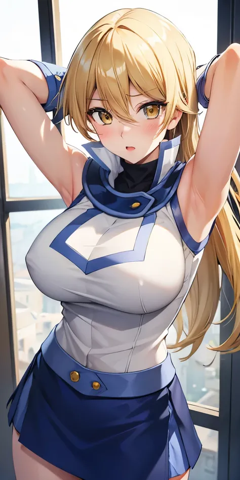 1 Female,High definition,high resolution,Ultra-realistic,8K, ta1,blonde hair,long hair,yellow eyes, white jacket, sleeveless, blue skirt,tight skirt , miniskirt,fingerless gloves, large breasts,European,sexy,Upper body close-up,Photographed from the front,...