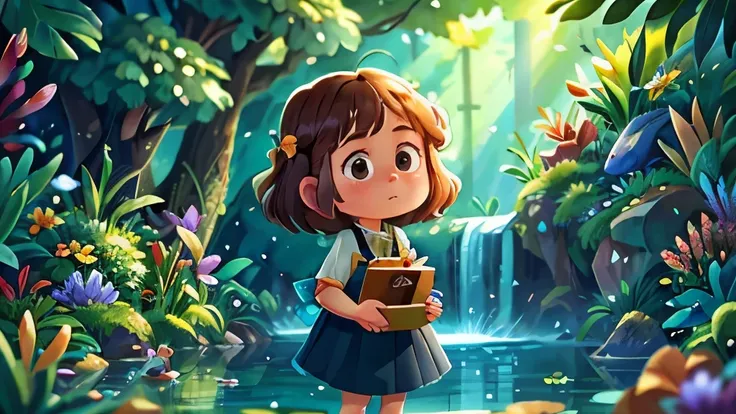 Waterscape，girl，Standing， Fish School，Butterflies flying，Spring pool，The sun shines intermittently ，（masterpiece）， Extremely detailed picture details， Ultra HD画质，（8k wallpaper），（CG），（Fairy tale style），Delicate face，surround， surrealism ， , shine，Pastel， Ul...