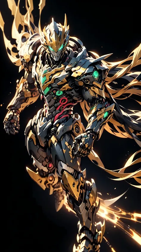 (masterpiece:1.5, best quality:1.5, extremely delicate:1.5, dynamic angle:1.5), ((male:1.5)), Biomimetic humanoid Mecha, green eyes, fully enclosed shoulder guards, matching arm and leg guards, gemstone, full body, full armor, the design balances heavy wit...