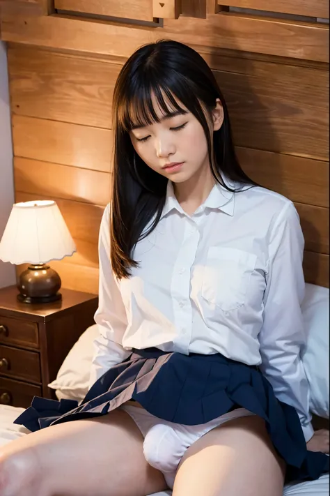 (Realistic:1.3), Shadowy Face,  Perfect Great Sentence ,   School Uniforms, 
Beautiful detailed pictures , amazing art,((( very detailed ))),
1 girl sleeping on her back,bangs, high school girl,sleep,Close your eyes, white panties,skirt, white blouse,
 cow...