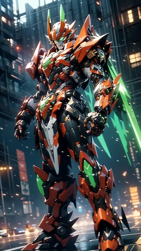 (masterpiece:1.5, best quality:1.5, extremely delicate:1.5, dynamic angle:1.5), ((male:1.5)), Biomimetic humanoid Mecha, green eyes, fully enclosed shoulder guards, matching arm and leg guards, gemstone, full body, full armor, the design balances heavy wit...