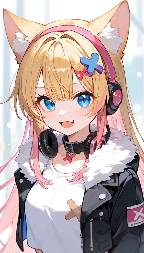 nai3, close up, masterpiece, best quality, bokeh, cute, Score_9,Score_8_up,Score_7_up,highest quality,detailed, score_9,score_8_up,score_7_up,source_anime,BREAK mococo abyssgard,1girl,:3,animal ears,bandaid hair ornament,black collar,black jacket,blonde ha...