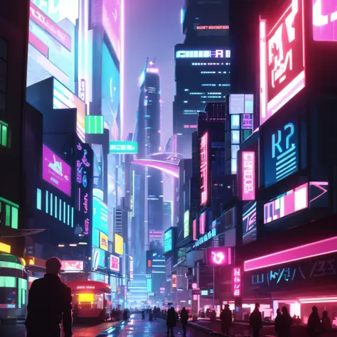 reate a vibrant cyberpunk cityscape set in the future, illuminated by a dazzling array of neon lights in shades of electric pink...