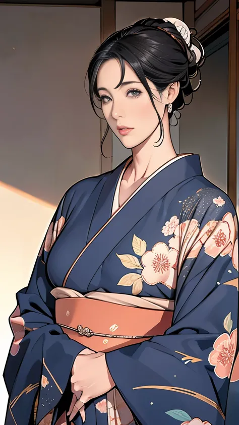 1,Japanese hairstyle, photorealism , Details,masterpiece,Mature,((full)), (Broad shoulders), ((Huge)),Plus size Mature women,expensive,30 years old,Pretty face, (Obese woman),Beautiful long-sleeved kimono,kimono,Hold your chest with both hands:1, high qual...