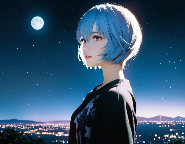 (best quality, 8k, high resolution:1.2), 1girl, ayanami_rei, night sky, moon, upper body