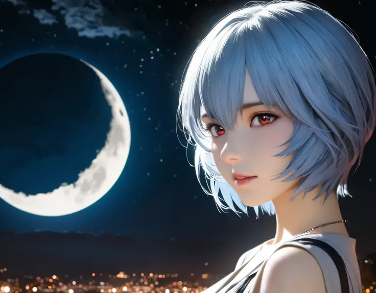 (best quality, 8k, high resolution:1.2), 1girl, ayanami_rei, night sky, moon, upper body