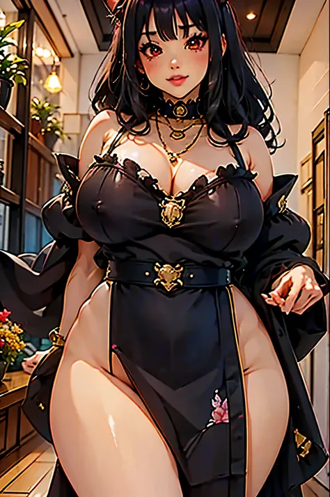 ( masterpiece , The best quality, 4k), 1 girl junkotvv, Alone, long hair, black hair, cat ears, fringe, red eyes, skirt with burberry print , mini skirt, standing, Pink room, illustration, plants, tank, necklaces, wives, from below,  gathering the hair beh...