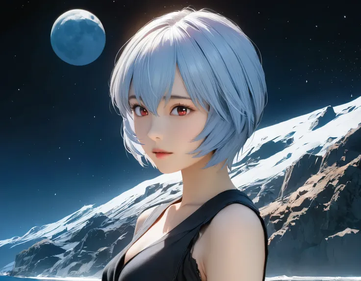 (best quality, 8k, high resolution:1.2), 1girl, ayanami_rei, night sky, moon, upper body