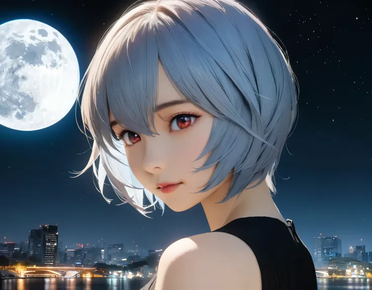 (best quality, 8k, high resolution:1.2), 1girl, ayanami_rei, night sky, moon, upper body