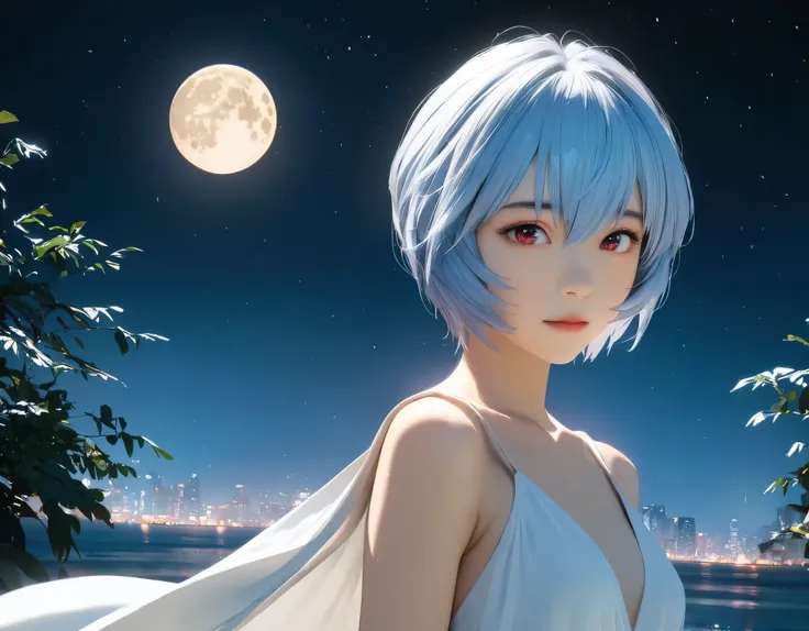 (best quality, 8k, high resolution:1.2), 1girl, ayanami_rei, night sky, moon, upper body