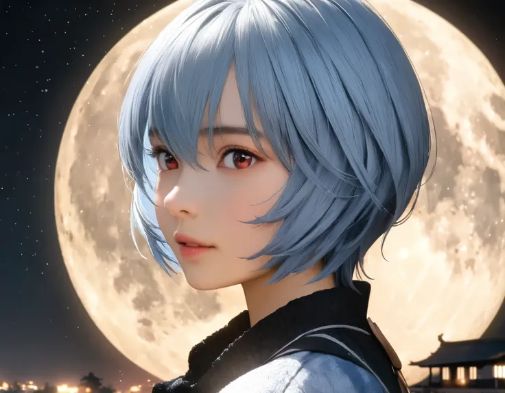 (best quality, 8k, high resolution:1.2), 1girl, ayanami_rei, night sky, moon, upper body