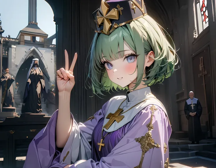 (((Best quality, 8k, Masterpiece: 1.3)), ((best quality)), ((masterpiece)), (detailed), perfect face, high detailed fingers, green hair, short hair, tokin hat, tiara, Saint Lucia, Priest, Both hands making a V sign, Lavender robes embroidered with gold thread, Big cross necklace, gold cross, Clerical clothing