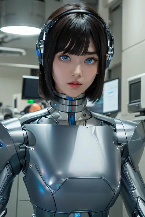masterpiece, best quality, extremely detailed, Japaese android girl,Plump , control panels,android,Droid,Mechanical Hand, Robot arms and legs, Black Robot Parts,Black hair,Mechanical body,Blunt bangs,White robotics parts,perfect robot girl,future informat...