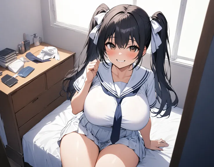 Alone:1.High school girl with 3 black hair, twin tails :1.A high school girl with 3 middle hair, brown eyes, white bows, big breasts, thick legs, dark blue ties wearing a white summer sailor suit wearing a dark blue tie, and a big smile next to me sitting ...