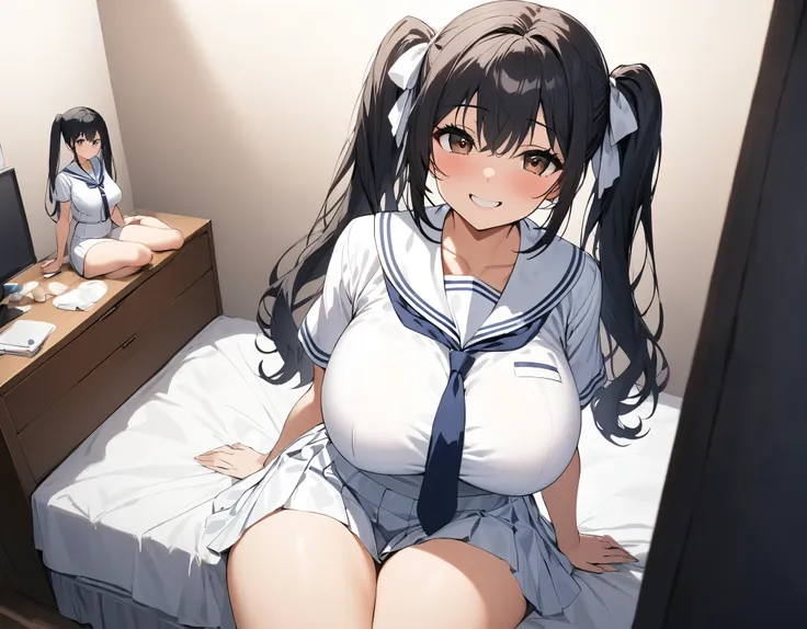 Alone:1.High school girl with 3 black hair, twin tails :1.A high school girl with 3 middle hair, brown eyes, white bows, big breasts, thick legs, dark blue ties wearing a white summer sailor suit wearing a dark blue tie, and a big smile next to me sitting ...
