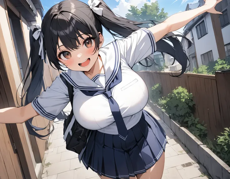 The background is a composition of a modern Japanese residential area seen from a distance: black hair, twin tails, brown eyes, white ribbon, big breasts, thick legs, dark blue ties, dark blue high school skirt wearing a white summer sailor suit wearing a ...
