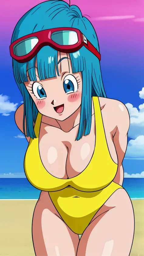 best quality,masterpiece,maron, beach, ocean, ((yellow one-piece swimsuit)), blue eyes, aqua hair, goggles on head, smile, happy, blush, blunt bangs, long hair cleavage,arms behind back, contrapposto,leaning forward,huge breasts,1girl, solo