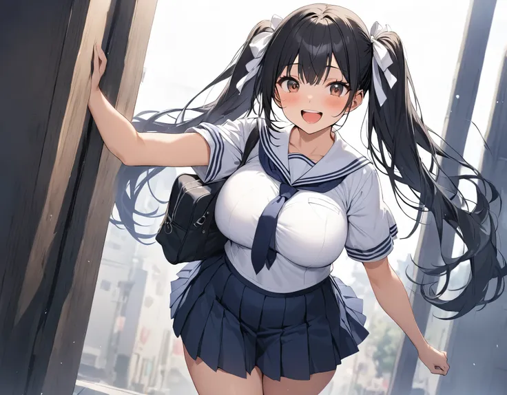 The background is a composition in front of a modern Japanese school seen from a distance. Black hair, twin tails, brown eyes, white ribbon breasts, large legs, thick legs, dark blue high school girl wearing a white-collared summer sailor suit wearing a da...