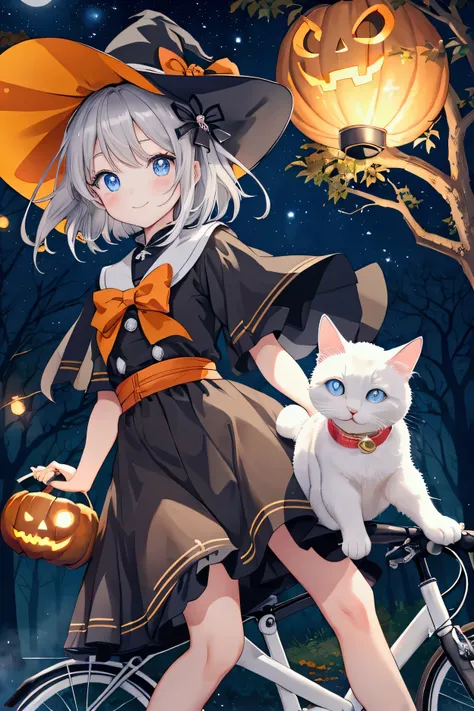 is riding a bicycle。Northern European features。 elementary school students。A radiant smile。 bangs。Hair length: short bob。Hair color is very light grey。Big round eyes、Bright, deep blue eyes。 Halloween-style witch costume and hat 。 bicycle lights pumpkin la...