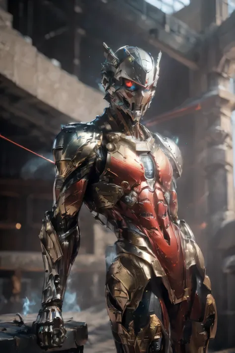 ((dynamic pose: 2.0)), (metallic: 2.0, reddish suit: 1.8), (Japanese hero), (mech bodysuit with swords: 1.5), ((fire scene: 1.8, Laser: 1.5)), My eyes are shining brightly, Suit parts are large , (( suit with a glowing light source)), (helmet with horns), ...