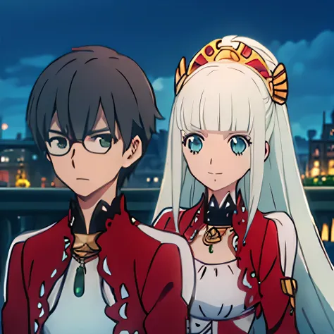 1 boy with black hair, Red jacket and glasses romantically kissing a girl in a red and white dress Long light green hair and green eyes, bright city at night in the background., True love, blushing cheeks, high quality, Lailah from Tales of Zestiria 