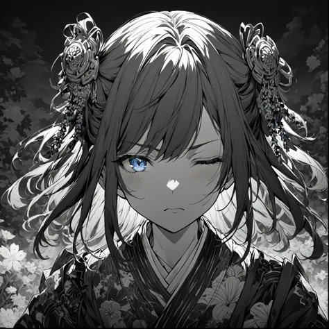 1girl, beautiful anime style portrait, blue monochrome, oriental wallpaper, pink, emotional, highly anime style, japanese samura...