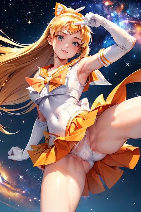  best quality ,  Kampala,  Sailor Warrior Uniform , (((The background is large Venus and the galaxy))), (((Sailor Venus))), Medium Breasted , opens her mouth, Orange Skirt,  elbow gloves , Tiara, Orange sailor collar,  red ribbon, Orange choker, White glov...