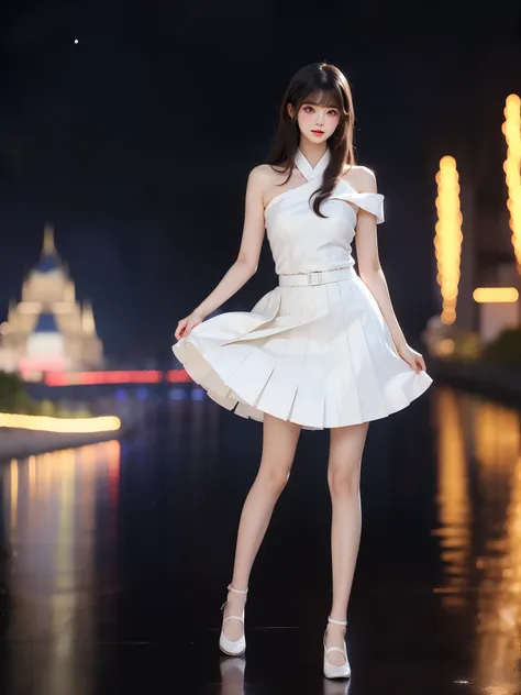 nogizaka_costume ((full body)), (asian beauty: 1.3), girl, solo, ((single bare shoulder)), ((pleated skirt, very short hemline))...