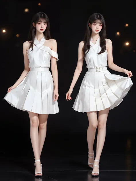 nogizaka_costume ((full body)), (asian beauty: 1.3), girl, solo, ((single bare shoulder)), ((pleated skirt, very short hemline))...