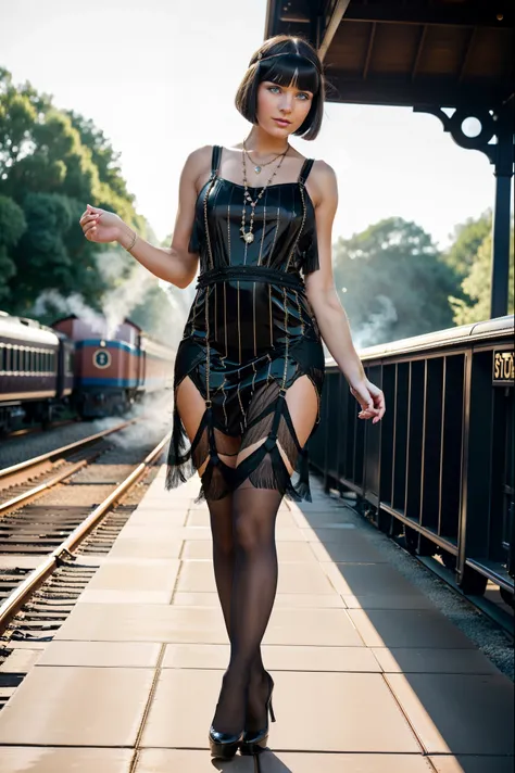 Full body portrait, a beautiful 28-year-old woman, standing (((outdoors))) on a 19th century train station platform, a huge black steam locomotive, locomotive puffing steam, 1910 railroad building behind her, she has short brunette bob and bangs haircut, b...