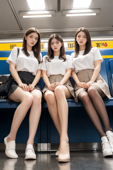 masterpiece, long hair, looking at viewer, smile, bangs, (three girls in:1.2), brown hair, shirt, black hair, short sleeves, bro...