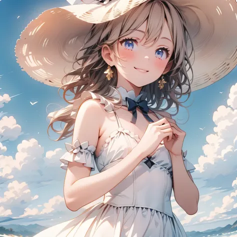 (masterpiece:1.3),(best quality:1.3),(high resolution:1.2),8k,beautiful girl wearing a straw hat, lace dress,colourful, minimall...